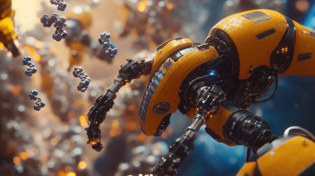 Depiction of a nanoscale robot assembling molecules, illustrating potential in manufacturing at the molecular level.の素材