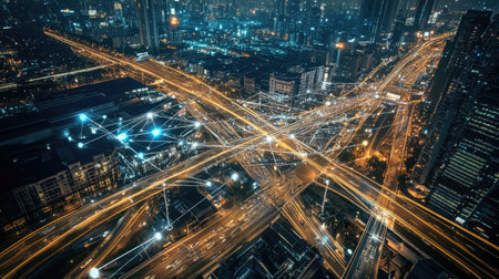 High-resolution image of a smart cityscape with connected infrastructure, including traffic lights and public transport systems.の素材