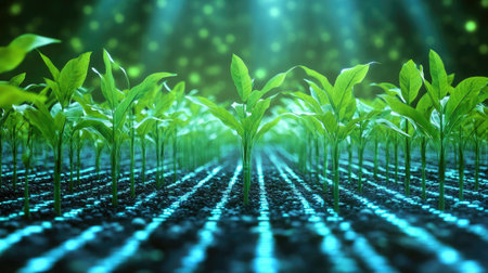 Visualization of a blockchain enhancing agricultural supply chains, ensuring product authenticity and quality.の素材