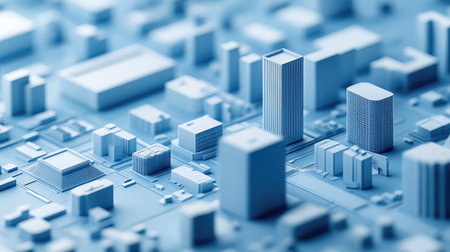Abstract representation of a city's digital twin model used for urban planning and development simulations.の素材