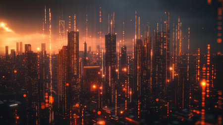 A cityscape at night overlaid with digital graphs and binary code, illustrating urban big data integration.の素材