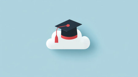 A cloud icon with a graduation cap, symbolizing educational resources and e-learning through cloud platforms.の素材