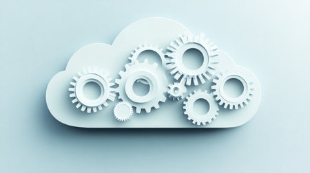 A cloud icon with a gear, depicting customizable cloud solutions and services.の素材