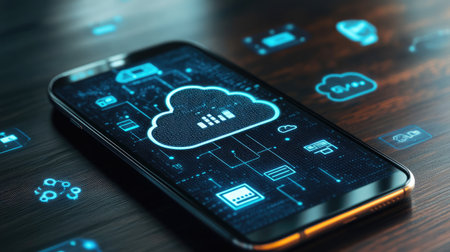 A close-up of a smartphone screen displaying cloud synchronization icons, indicating seamless data access.の素材