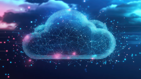 A cloud-shaped network of interconnected lines and nodes, depicting cloud-based machine learning services.の素材