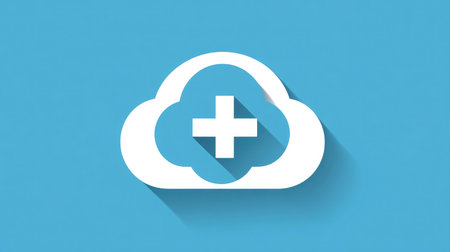 A cloud icon with a medical cross, illustrating healthcare applications and data management via cloud computing.の素材