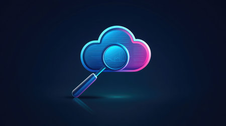 A cloud icon with a magnifying glass, symbolizing data analysis and insights derived from cloud platforms.の素材