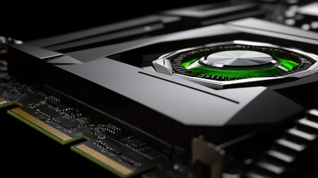 A close-up of a GPU processing unit, highlighting hardware essential for machine learning computations.の素材