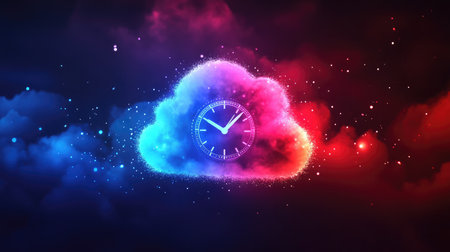 A cloud symbol with a clock, representing the real-time capabilities and uptime of cloud services.の素材
