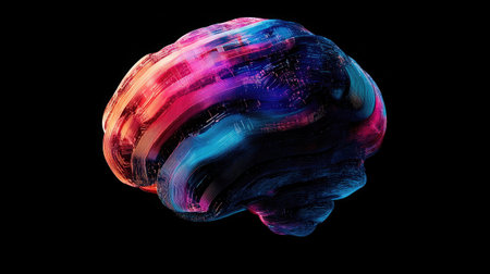 A digital brain composed of circuitry and data streams, representing artificial intelligence and machine learning.の素材