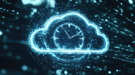 A cloud symbol with a clock, representing the real-time capabilities and uptime of cloud services.の素材