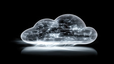 A digital illustration of a cloud with embedded circuit patterns, merging cloud computing and technology.の素材