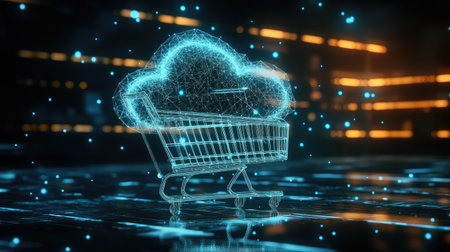 A cloud symbol with a shopping cart, depicting e-commerce platforms powered by cloud computing.の素材