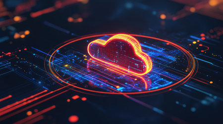 A digital cloud with a refresh symbol, representing automatic updates and synchronization in cloud computing.の素材