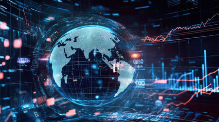 A globe surrounded by data streams and charts, depicting global big data exchange.の素材