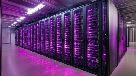 A futuristic server room with glowing data streams flowing between racks, symbolizing big data processing.の素材