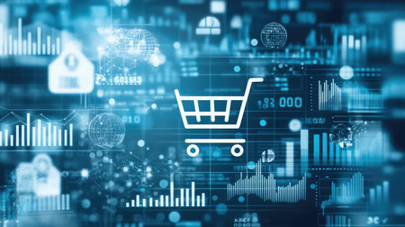 A shopping cart icon surrounded by data charts, symbolizing big data in e-commerce.の素材