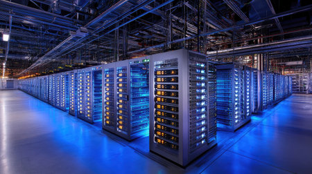 A server room with rows of illuminated racks, representing the physical infrastructure behind cloud services.の素材