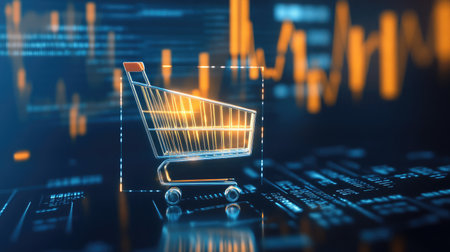 A shopping cart icon surrounded by data charts, symbolizing big data in e-commerce.の素材