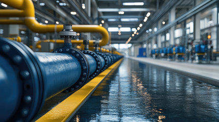 Close-up of a smart water management system monitoring consumption and detecting leaks in real-time.の素材