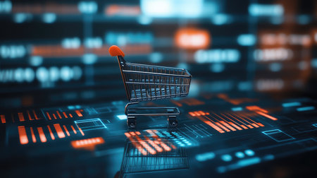 A shopping cart icon surrounded by data charts, symbolizing big data in e-commerce.の素材