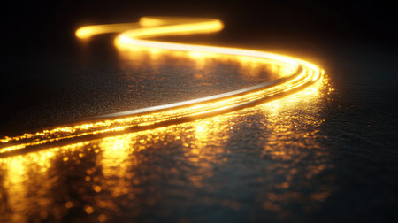 Nighttime scene of a self-driving car's headlights illuminating a winding road, guided by advanced navigation systems.の素材