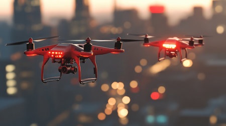 Visualization of a city's public safety network utilizing drones for surveillance and emergency response.の素材