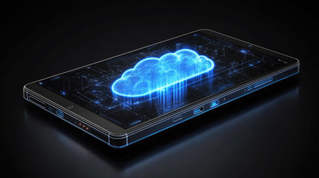 A tablet device projecting a cloud hologram, representing mobile cloud computing capabilities.の素材