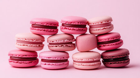 An array of pink macarons stacked in a pyramid formation, showcasing various shades from blush to fuchsia, on a light pink background.の素材