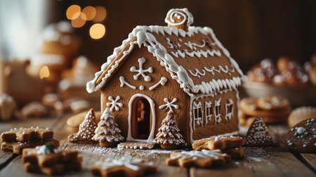 A beautifully decorated gingerbread house surrounded by festive cookies and candies on a wooden table.の素材