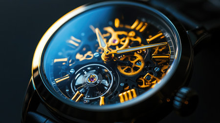 A close-up image of a mechanical wristwatch's intricate gears and components, isolated on a black background.の素材