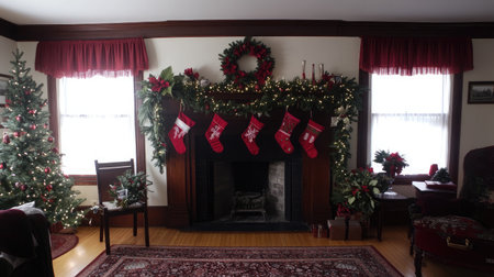 A beautifully decorated Christmas mantel with garlands, stockings, and twinkling fairy lights, creating a cozy atmosphere.の素材