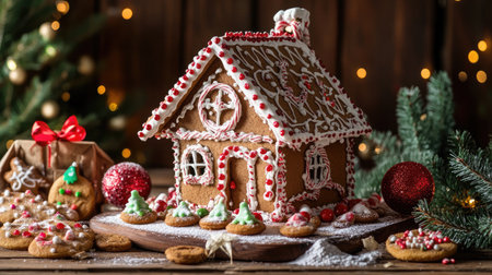 A beautifully decorated gingerbread house surrounded by festive cookies and candies on a wooden table.の素材