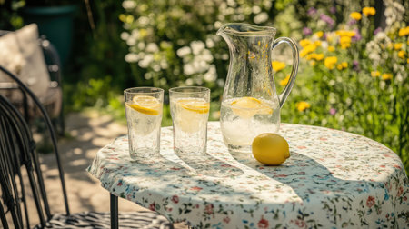 A charming garden patio with a wrought-iron table and chairs, a floral tablecloth, and a pitcher of freshly squeezed lemonade with glasses.の素材