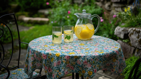 A charming garden patio with a wrought-iron table and chairs, a floral tablecloth, and a pitcher of freshly squeezed lemonade with glasses.の素材