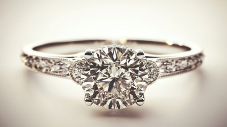 A close-up image of a diamond engagement ring with intricate detailing, set against a white background to highlight its brilliance.の素材