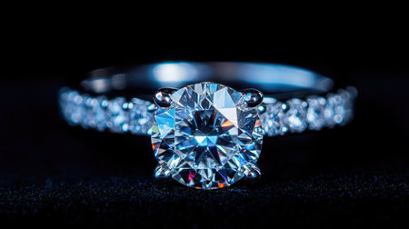 A close-up image of a diamond engagement ring with intricate detailing, set against a black background to highlight its brilliance.の素材