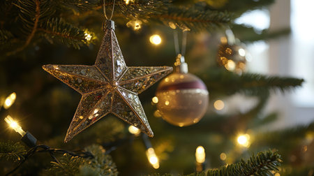 A close-up of a Christmas tree decorated with handmade ornaments, twinkling lights, and a star topper.の素材