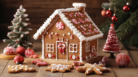 A beautifully decorated gingerbread house surrounded by festive cookies and candies on a wooden table.の素材