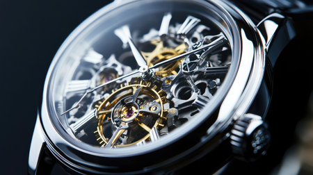 A close-up image of a mechanical wristwatch's intricate gears and components, isolated on a black background.の素材