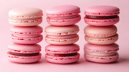 An array of pink macarons stacked in a pyramid formation, showcasing various shades from blush to fuchsia, on a light pink background.の素材
