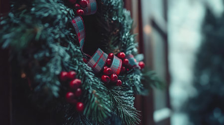 A close-up of a Christmas wreath made of pine branches, red berries, and a plaid ribbon, hanging on a rustic wooden door.の素材