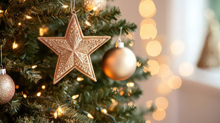 A close-up of a Christmas tree decorated with handmade ornaments, twinkling lights, and a star topper.の素材