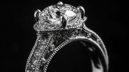 A close-up image of a diamond engagement ring with intricate detailing, set against a black background to highlight its brilliance.の素材