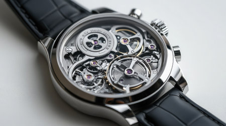 A close-up image of a mechanical wristwatch's intricate gears and components, isolated on a white background.の素材