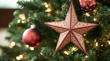 A close-up of a Christmas tree decorated with handmade ornaments, twinkling lights, and a star topper.の素材
