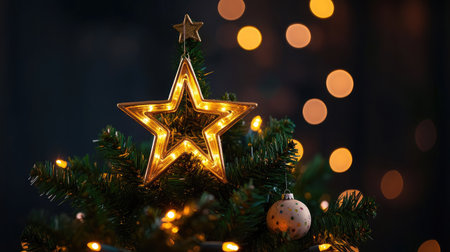 A close-up of a Christmas tree decorated with handmade ornaments, twinkling lights, and a star topper.の素材