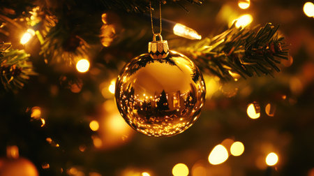 A close-up of a Christmas tree branch adorned with a delicate glass ornament reflecting the warm glow of surrounding lights.の素材