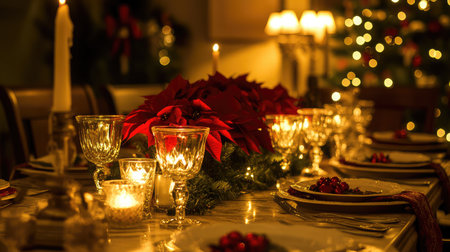 A beautifully set Christmas dinner table with candles, elegant place settings, and a centerpiece of poinsettias.の素材