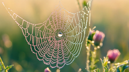 A close-up of a dewdrop-laden spider web glistening in the early morning light, suspended between delicate wildflowers.の素材